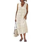 Fisoew Womens Crochet Sleeveless Dress Casual Summer V Neck Boho Knit Cover Up Beach Vacation Midi Tank Dresses