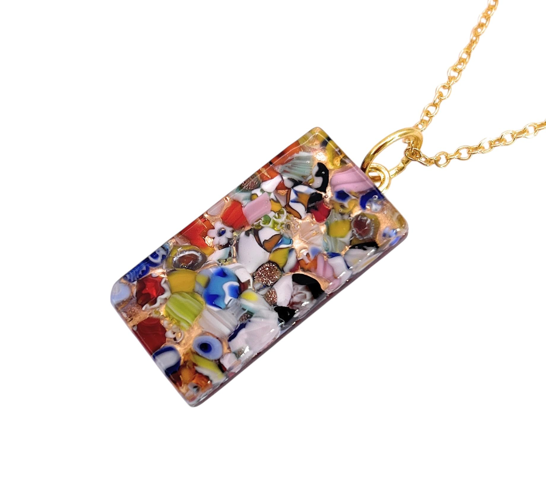 Handmade Murano Glass Pendant, Murano Glass Jewellery from Venice Italy, Millefiori Pieces on Gold Leaf, 3cm x 1.5cm (Lisa)