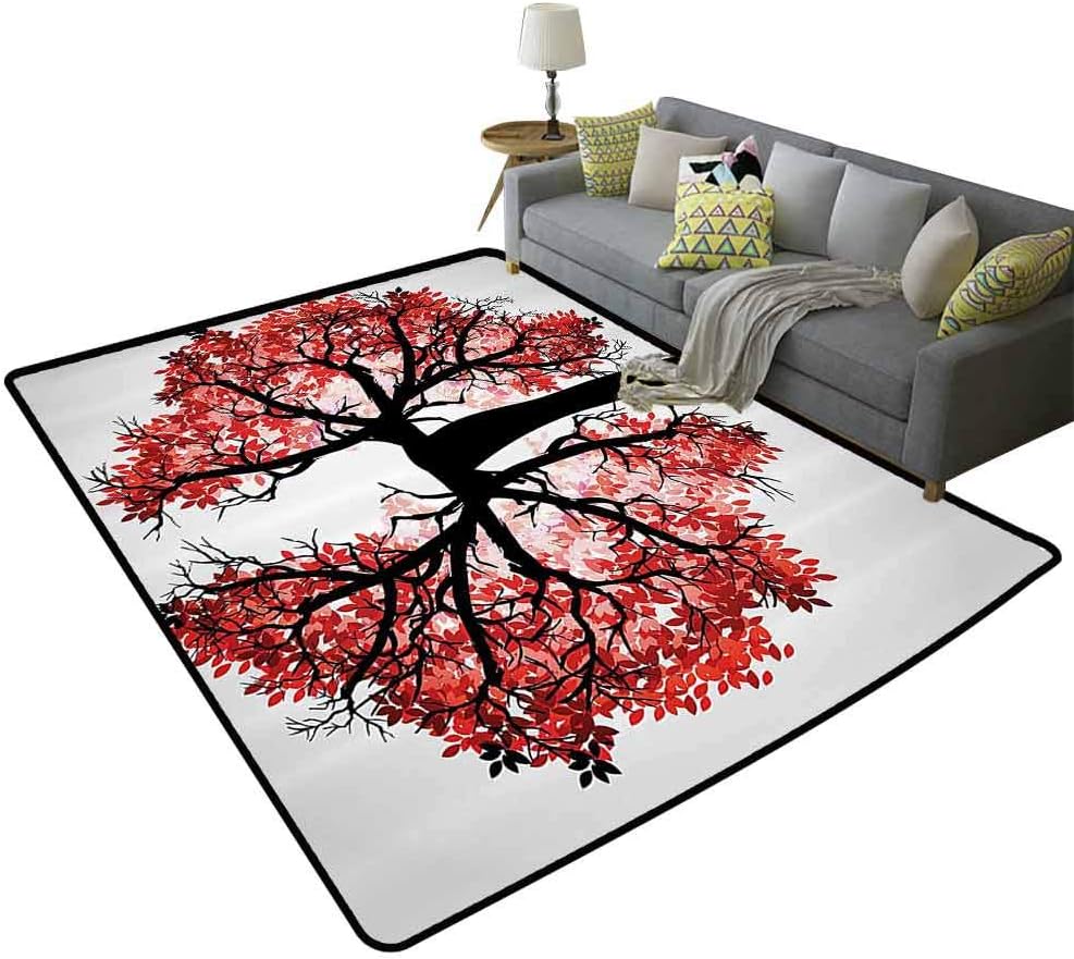 Modern Non-Slip Rug Eco Environment Themed Human Lung Shaped Floral Tree Healthy Lifestyle Nature Print Place to Rest Red Brown, 5'x 7'(150x210cm)