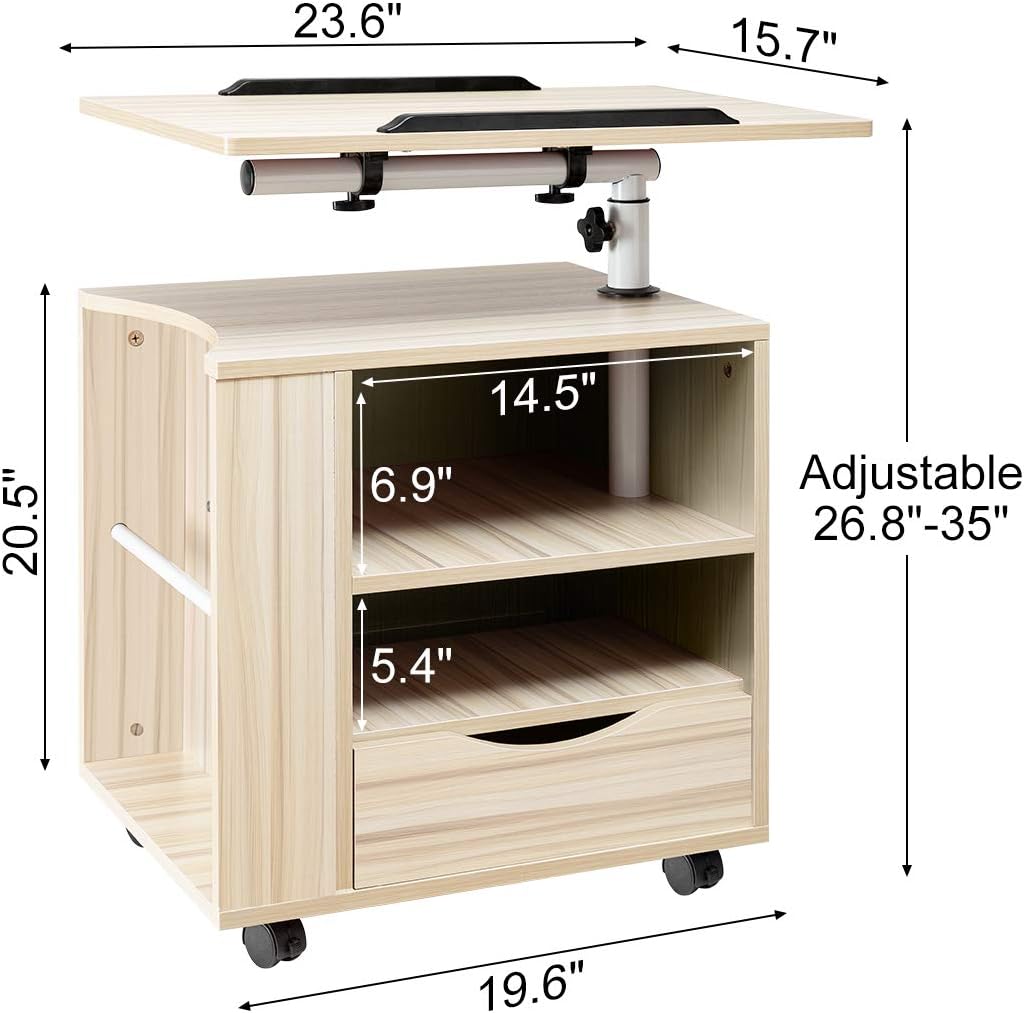 SIDUCAL Multifunctional Bedside Table Height Adjustable & Swiel Wooden Nightstand with Drawers, Rolling Laptop Desk Computer Table, Beige (Right Side): Furniture & Decor