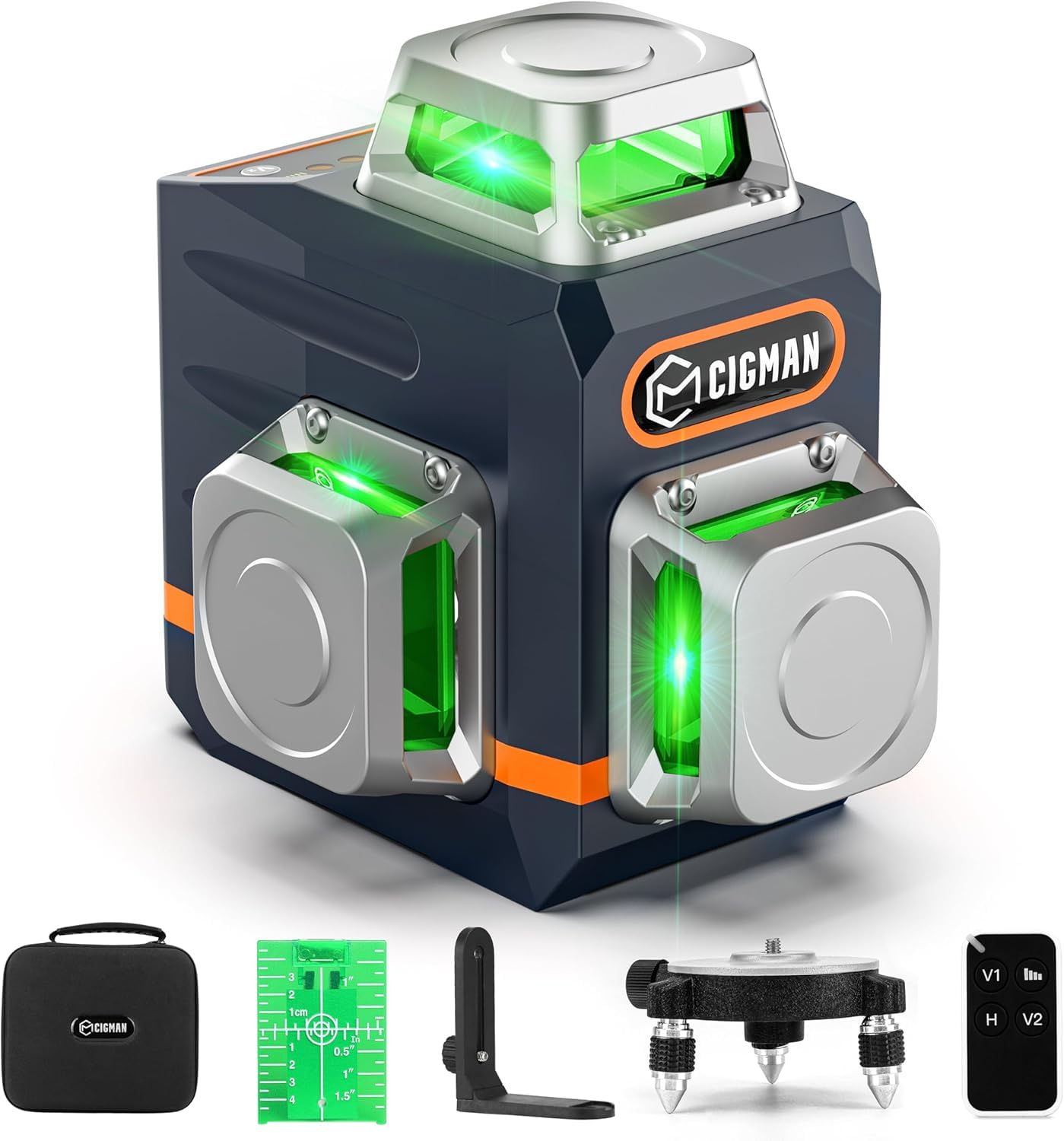 Photo 1 of CIGMAN Laser Level Self Leveling 3x360° 3D Green Cross Line for Construction and Picture Hanging, Rechargeable battery, Remote Controller, Magnetic Rotating Stand Included