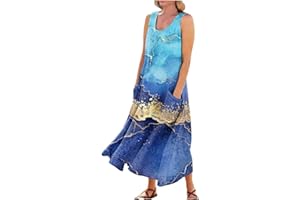 ZXCTKA Summer Dresses for Women 2024,Casual Linen Print Boho Sundress O Neck Sleeveless Pockets Beach Vacation Maxi Dresses