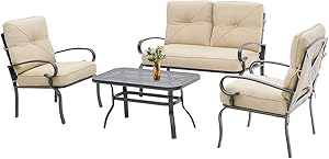 Incbruce 4Pcs Outdoor Indoor Patio Furniture Conversation Set (Loveseat, Coffee Table, 2 Chairs) - Steel Frame Patio Seating Set with Brown Cushions