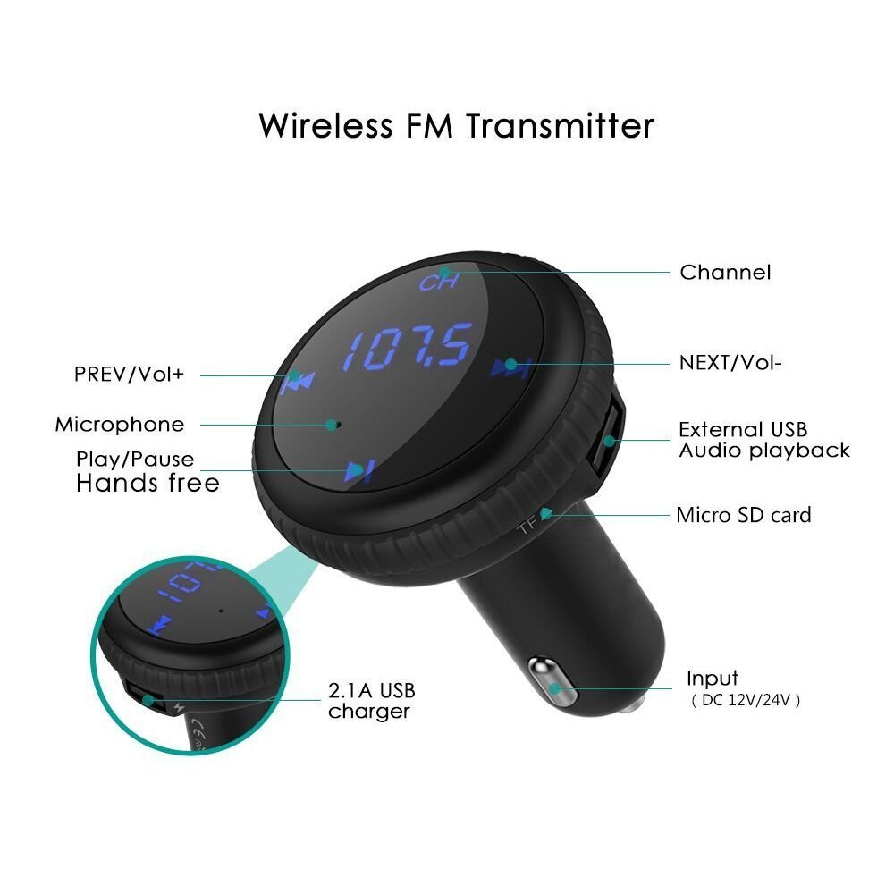 ROADWI Bluetooth FM Transmitter with LED Displayer, Wireless In-Car FM Transmitter Radio Adapter Car Kit 5V/2.1A Car Charger MP3 Player for Most Bluetooth Enable Devices