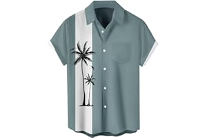 QIVICIMA Men's Retro Bowling Shirts 50s Vintage Button Down Shirts Color Block Active Shirts Flamingo Print Shirt