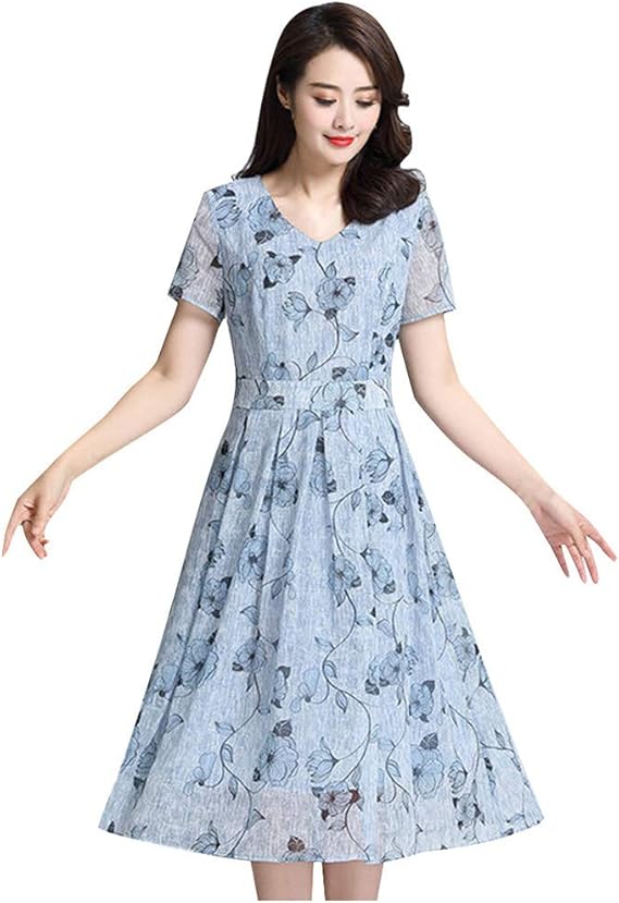 Amazon Co Jp Hodarey Women S One Piece Dress Shirt One Piece Tunic Spring Summer Slim Dress Korean Style Floral V Neck Short Sleeves A Line Thin Large Size Dress Knee Length Long Dress Simple Loose Cute Slimming Work Dating