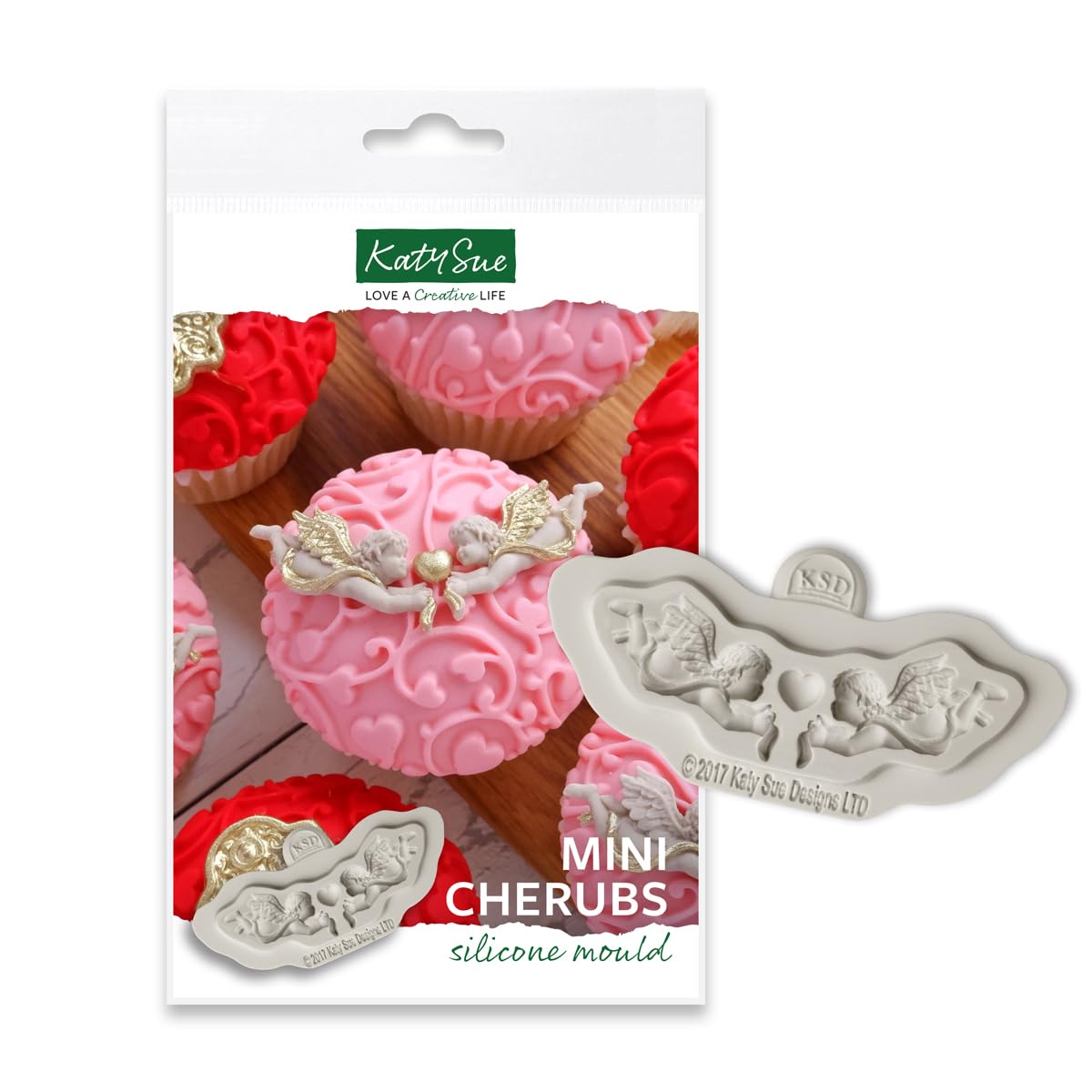 Katy Sue Mini Cherubs Silicone Mould for Cake Decorating & Crafting. Use with Fondant, Sugar Paste, Air Dry Clay, Polymer Clay. Makes 2 Symmetrical Cherubs Sized at 30 x 20 x 5 Millimetres & Heart