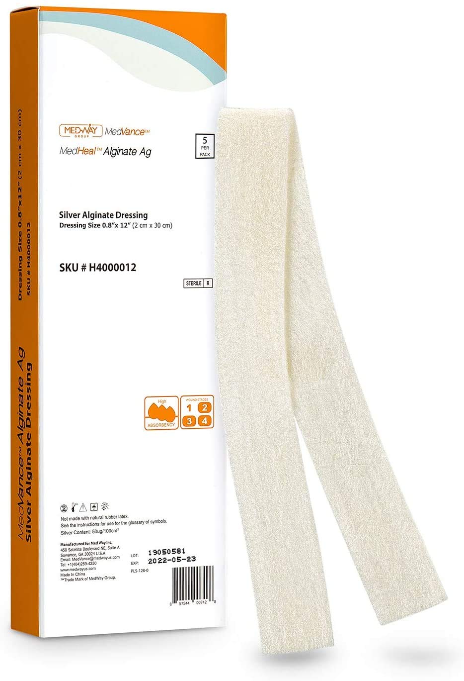 Silver Calcium Alginate Ag Sterile Highly Absorbent Antibacterial Dressing, 2 cm X 30 cm 0.8"x12", 5 dressings/Box, MedHeal by MedvanceTM