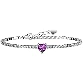 AllenCOCO Sterling Silver Heart Birthstone Bracelet, 14K White Gold Plated, AAAAA+ CZ Cubic Zirconia, Tennis Chain with Heart Charm, Hypoallergenic, Non-Tarnish Jewelry Gift for Women