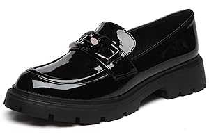 Vera Creation Women's Chunky Platform Loafers with Chain or Buckle Patent Leather Penny Loafers Fashion Business Work Shoes Comfort Slip-on
