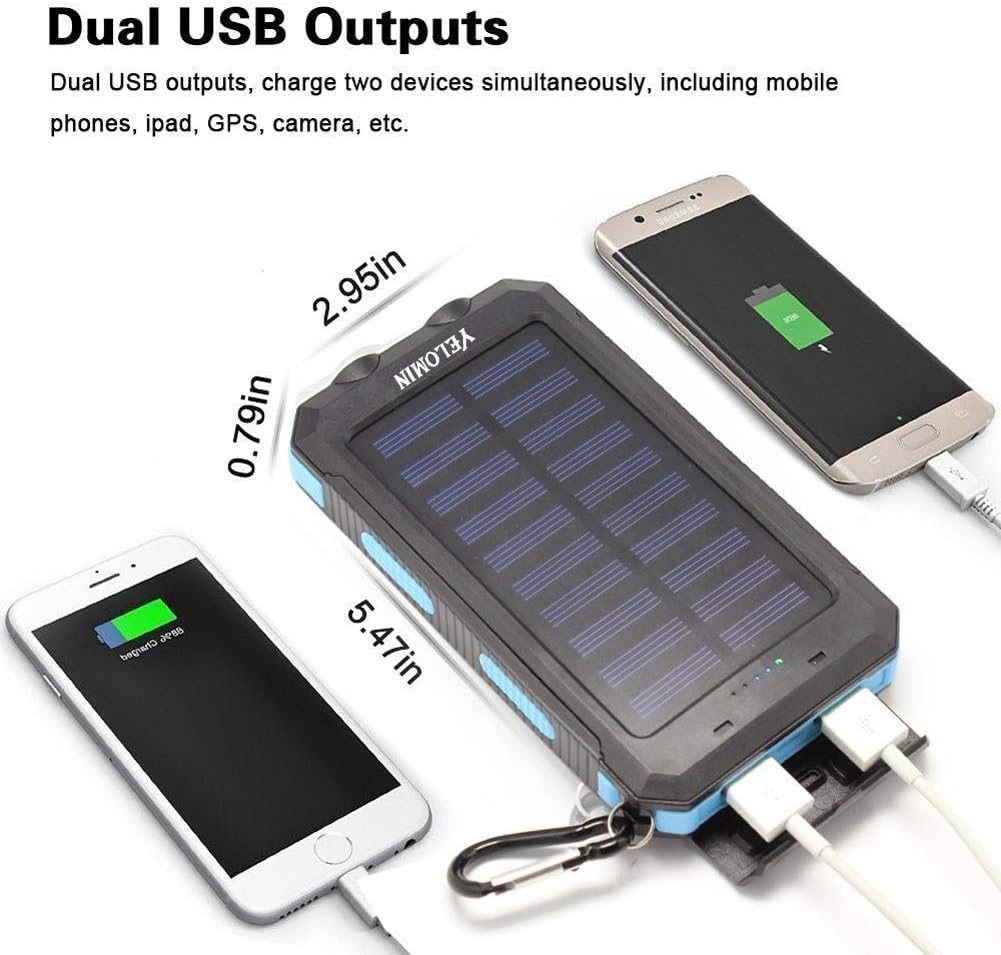 Solar Power Bank,Yelomin 20000mAh Portable Outdoor Mobile Charger,Camping External Backup Battery Pack Dual USB 5V 1A/2A Outputs 2 Led Light Flashlight with Compass: Home Audio & Theater