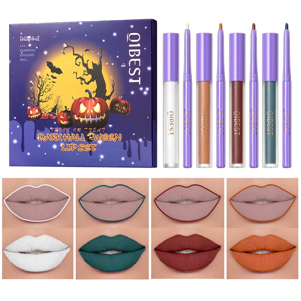 GL-Turelifes 2Pcs Matte Lip Liner & Lip Gloss Kit White Green Black Purple Vampire Lipstick Non-stick cup non-fading Liquid Lipstick long-lasting for Halloween Cosplay (Set 02)
