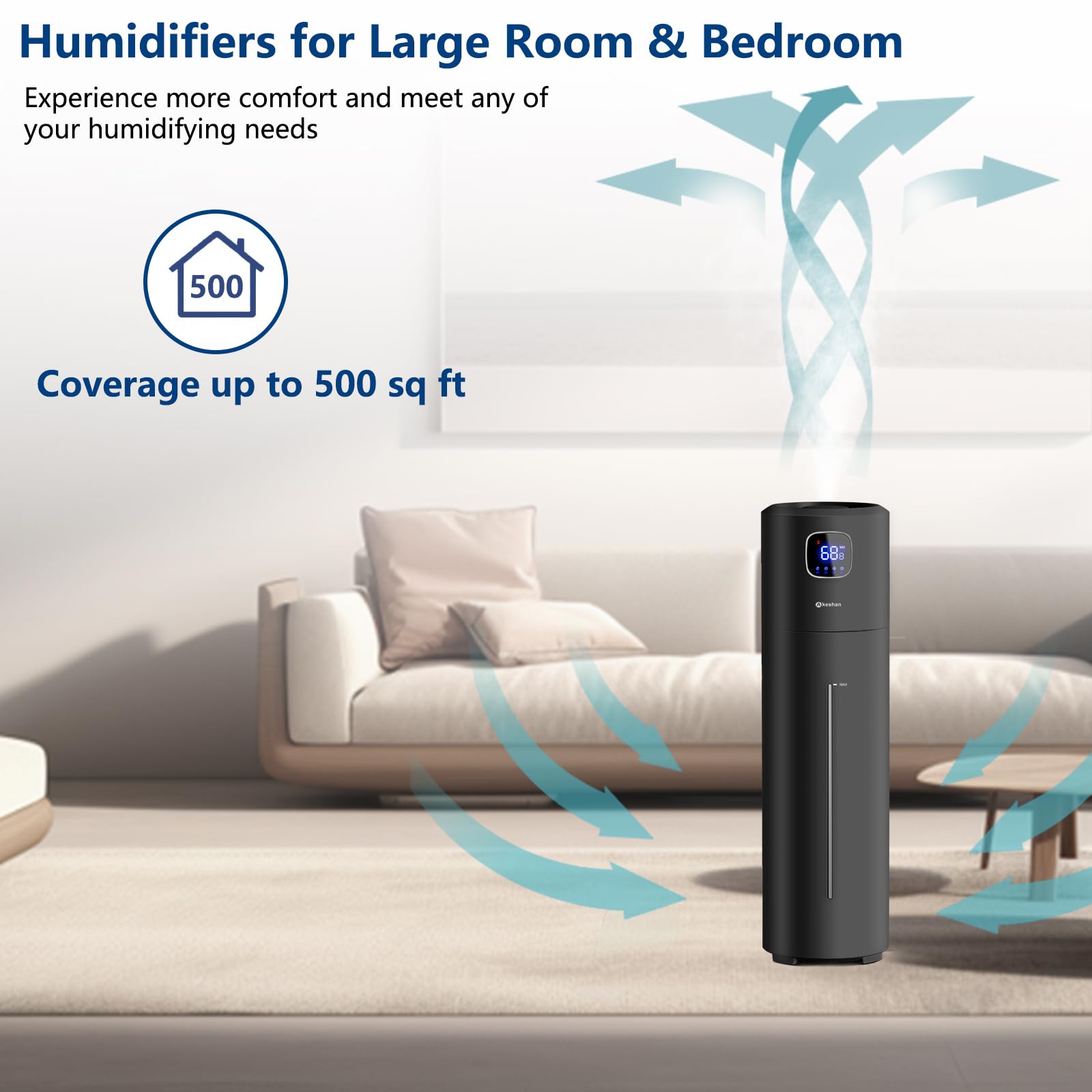 Large Humidifiers for Bedroom, 9L/2.5Gal Ultrasonic Cool Mist, Easy Clean with 350ML/H Large Mist Speed, Quiet Tower, Suitable for Kids Room Plant Yoga (Black)