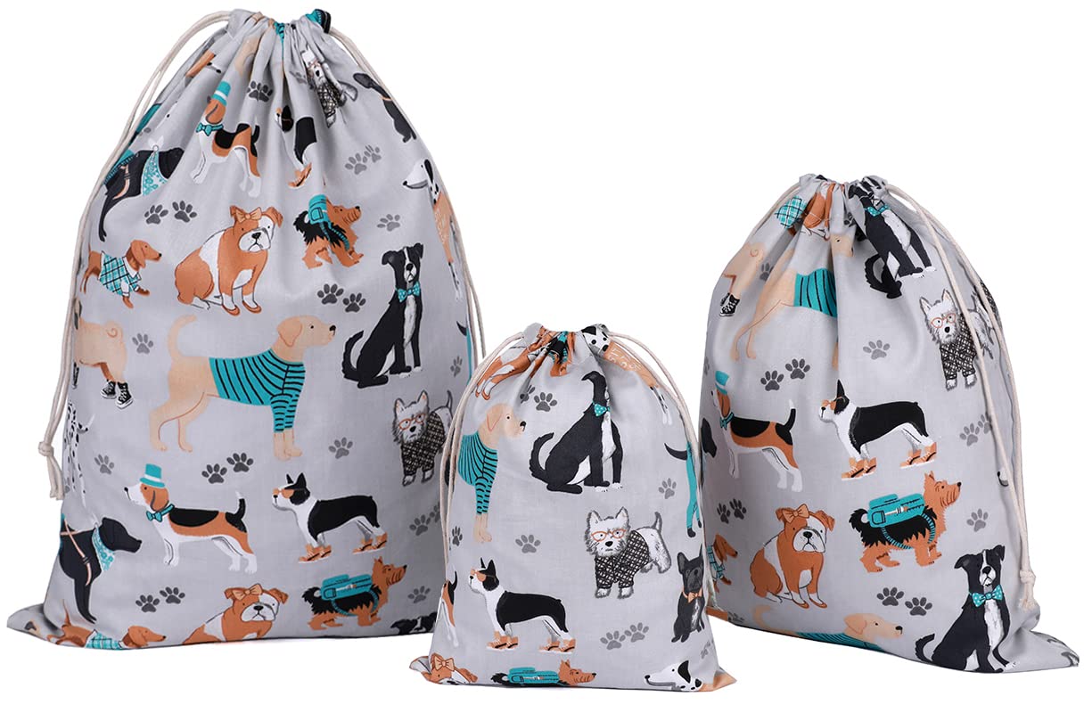 Amoyie 3 pcs Fabric Storage Bags Drawstring, Cotton Organiser Bag, Reusable Pouch, Large Cloth Bag, Grey Dogs