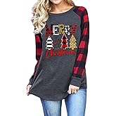 Womens Long Sleeve Christmas Shirts Holiday Pullover Tops Merry Christmas Graphic Xmas Gift T-Shirt
