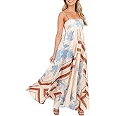 Beaufident Women Spaghetti Strap Maxi Dress Colorful A Line Swing Long Smocked Picnic Dress Boho Beach Vacation Sundress