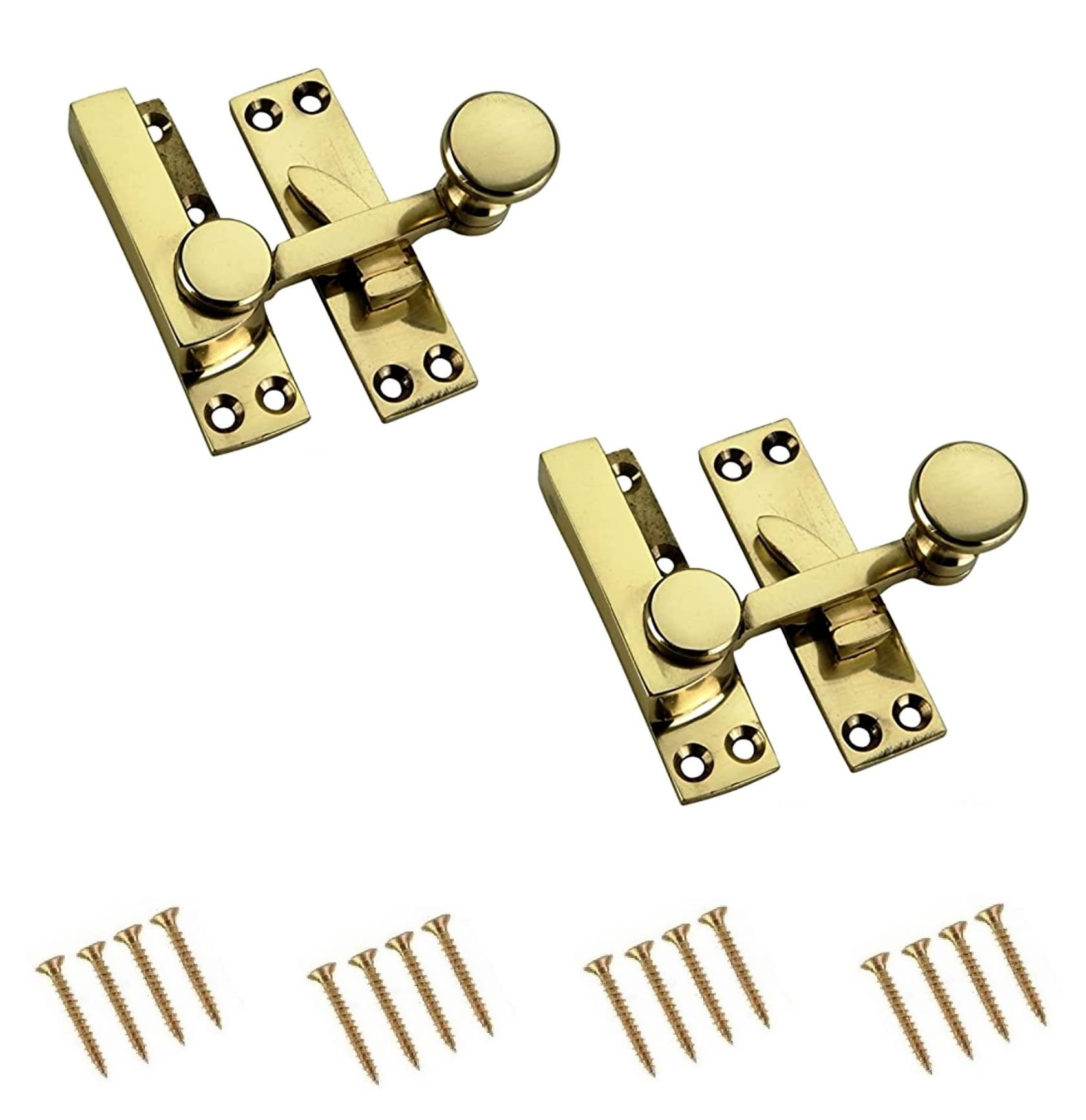 TERF® Traditional Vintage Polished Brass Sash Window Lock Fastener Arm Type With Fixing Screws For Wood Aluminium UPVC Vinyl Frames - Pack of 2