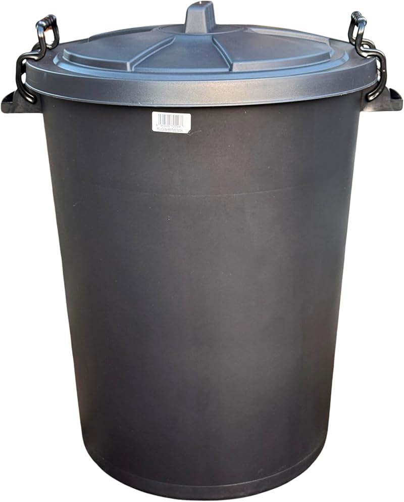OptiProducts 110L Heavy Duty Black Plastic Rubbish Refuse Bin with Locking Lid