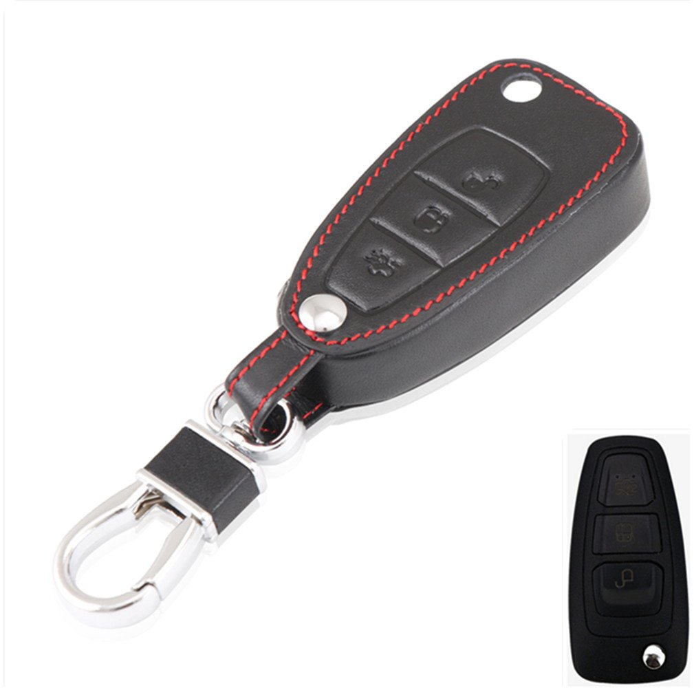 Happyit Leather Car Fob Key Cover Case Keychain for Ford Focus 3 mk3 mk4 Kuga Edge Mondeo Titanium 3 Buttons (Black)
