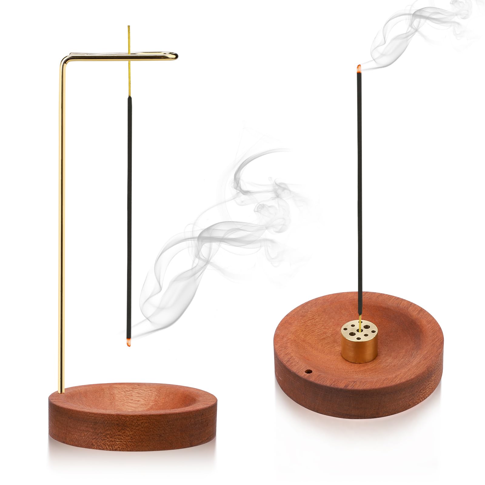 Handmade Wooden 2-in-1 Incense Holder - Round Base Upside Down Stick & Cone Coil Burner for Home Office Decor, Yoga, Meditation (Red)