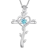 STARCHENIE Rose Cross Necklace 925 Sterling Silver Heart Crucifix Pendant Birthstones Jewelry for Women