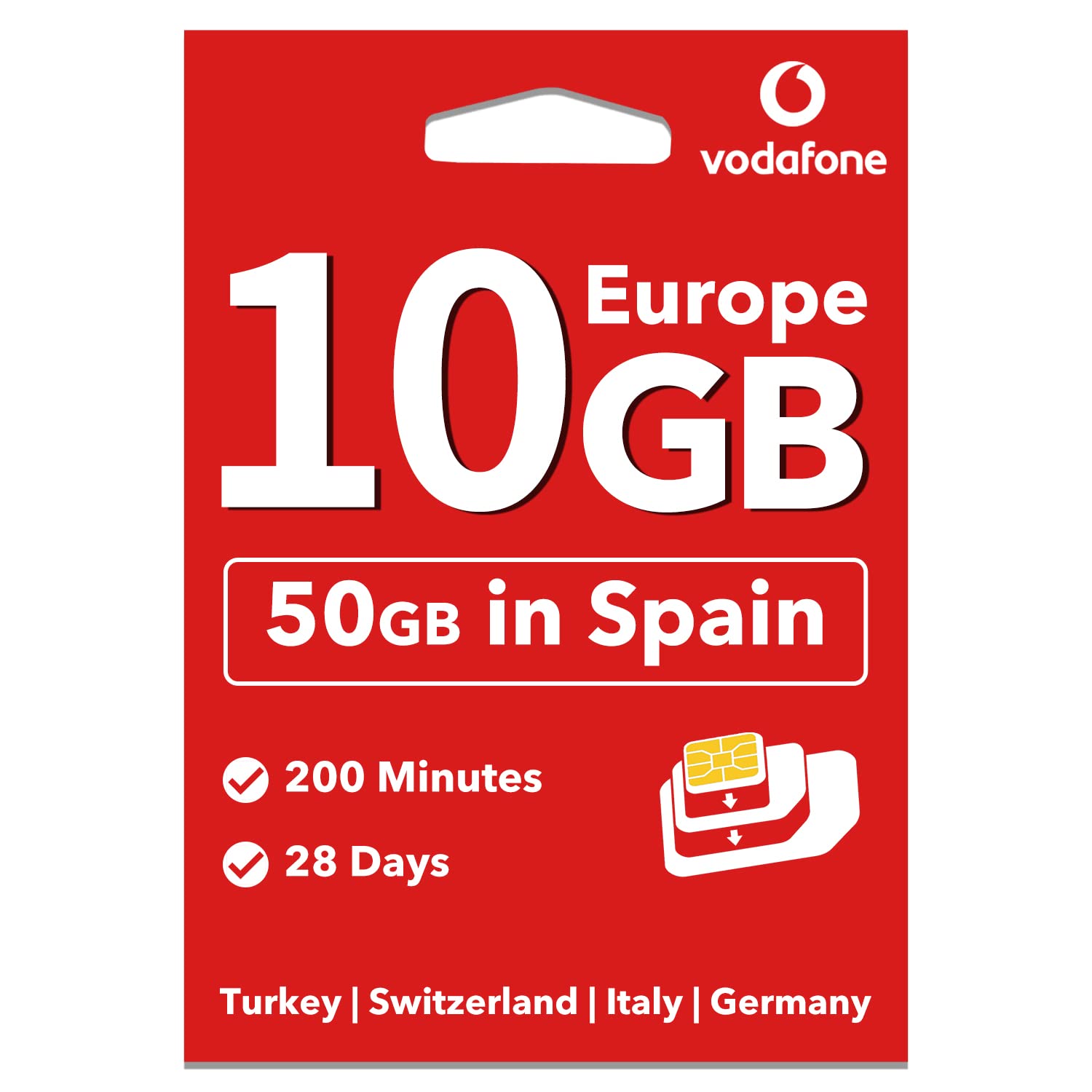 giffgiss Vodafone Prepaid SIM Card Europe 10GB Data +300min in 34 Countries (Spain 50GB, Turkey 200 Minutes) Supported Mobile Hotspot Travel Use in UK Switzerland for 28 Days,iPhone/Android SIM