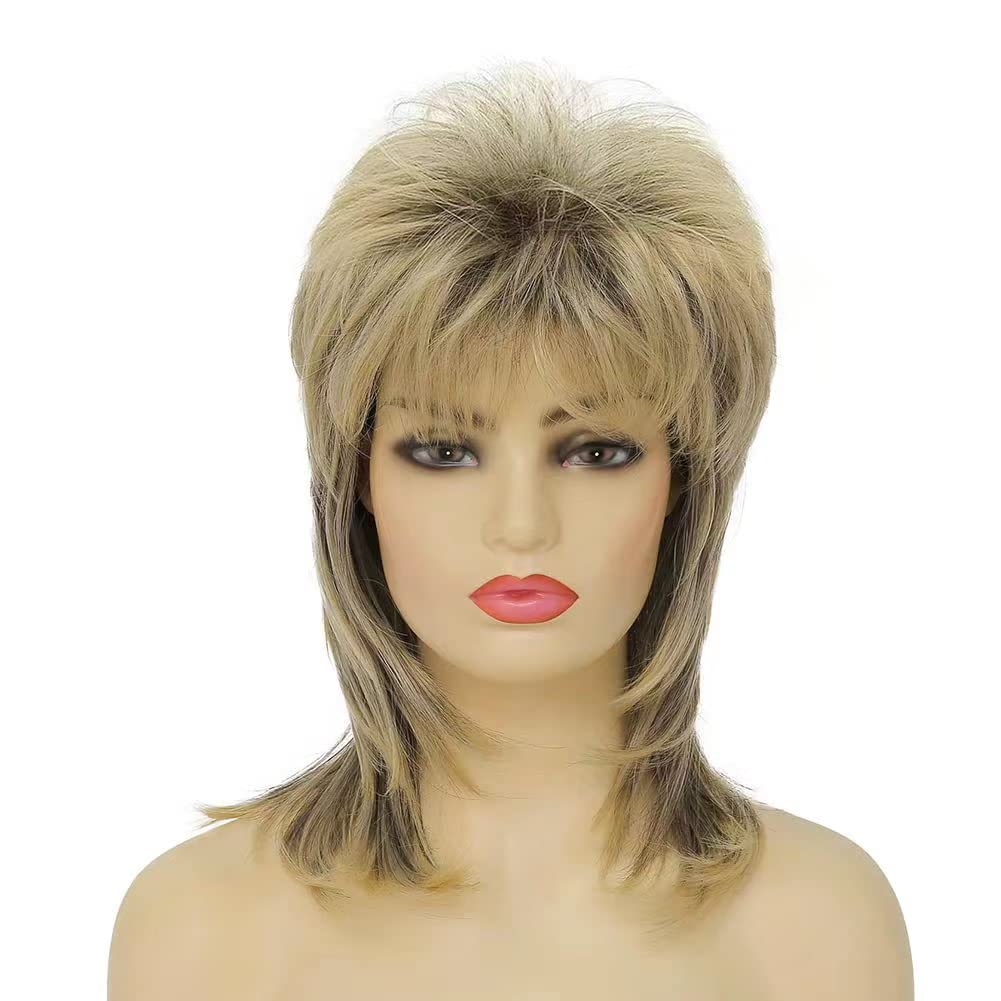 Photo 1 of Amnenl Blonde Mullet Wig for Women Short Shaggy Layered Hair Dark Roots Cosplay Rocker 70s 80s Costume Wigs