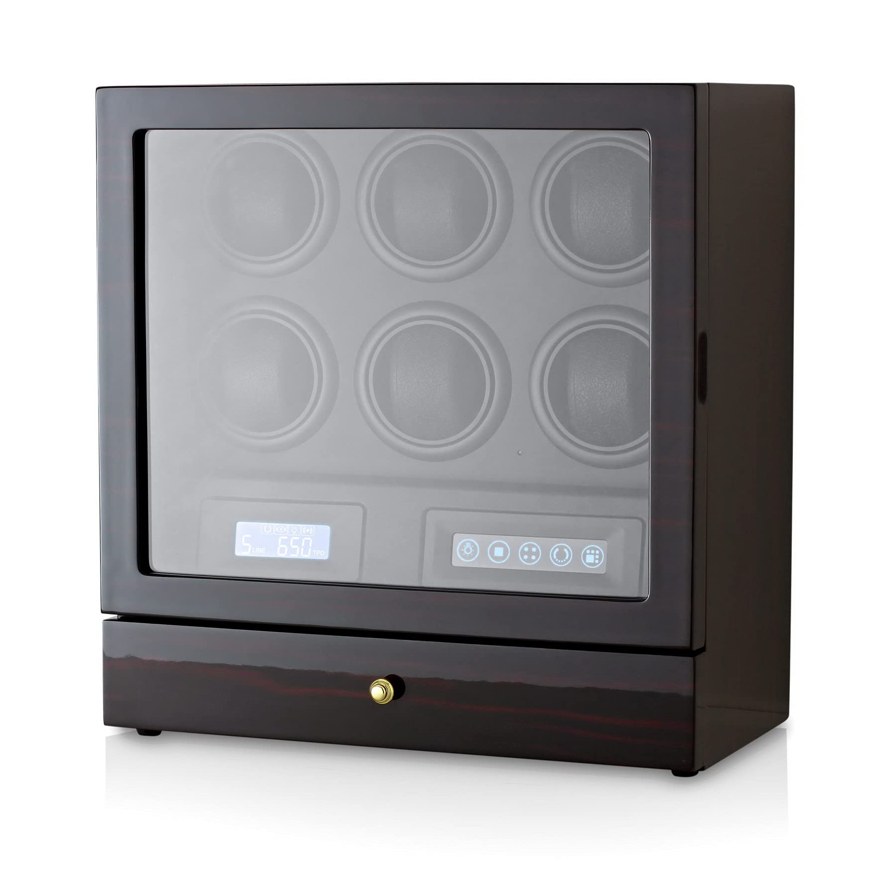 Watch Winder for Automatic Watches with Storage Drawer, LED Light, LCD Display and Remote Control (Ebony + Black)