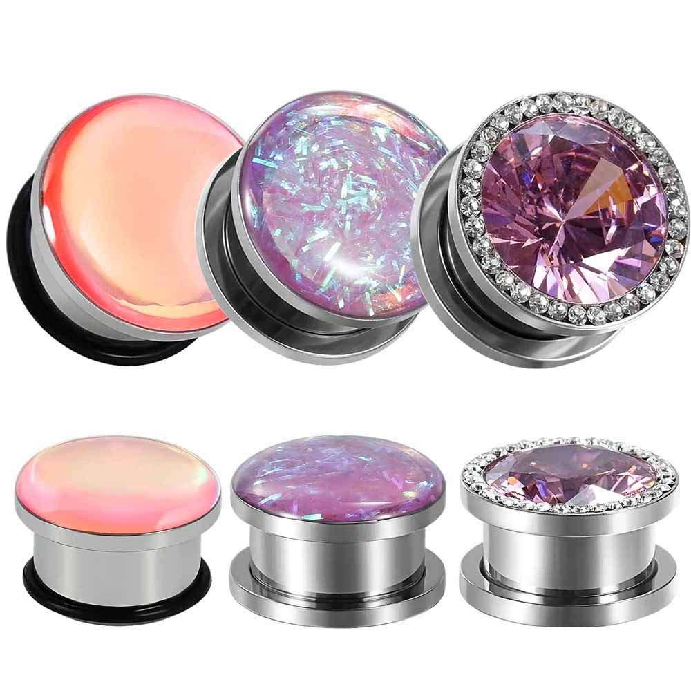 TBOSEN 6 PCS Big Cubic Zirconia Stainless Steel Screw Ear Gauges Plugs Tunnels Expander Body Piercing Jewelry Set, 00g(10mm), Metal