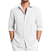 Makkrom Mens Guayabera Linen Shirts Long Sleeve Button Down Cuban Casual Summer Beach Shirt Tops