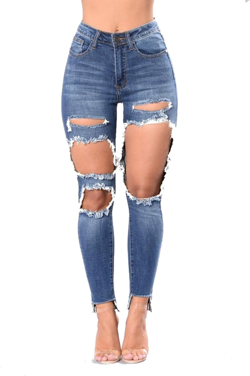 DAMENGXIANG Frauen Enge Jeans Knie Löcher Alte Waschen Hohe Stretch Hose. Bild Farbe S Amazon