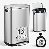 ELPHECO Kitchen Trash Can with Lid Soft Close,13 Gallon / 50L Stainless Steel Pedal Garbage Can, Heavy-Duty Fingerprint Proof Step Wastebasket with 20 Bags, Removable Bucket, Home Office, Silver