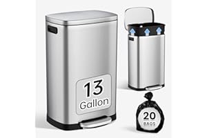 ELPHECO Kitchen Trash Can with Lid Soft Close, 13 Gallon / 50L Stainless Steel Pedal Garbage Can, Heavy-Duty Fingerprint Proof Step Wastebasket with 20 Bags, Removable Bucket, Home Office, Silver