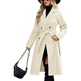 VXVGER Women's Elegant Pea Coat Lapel Collar Double Breasted Trench Jacket Fall Slim Long Outerwear with Belt Pockets