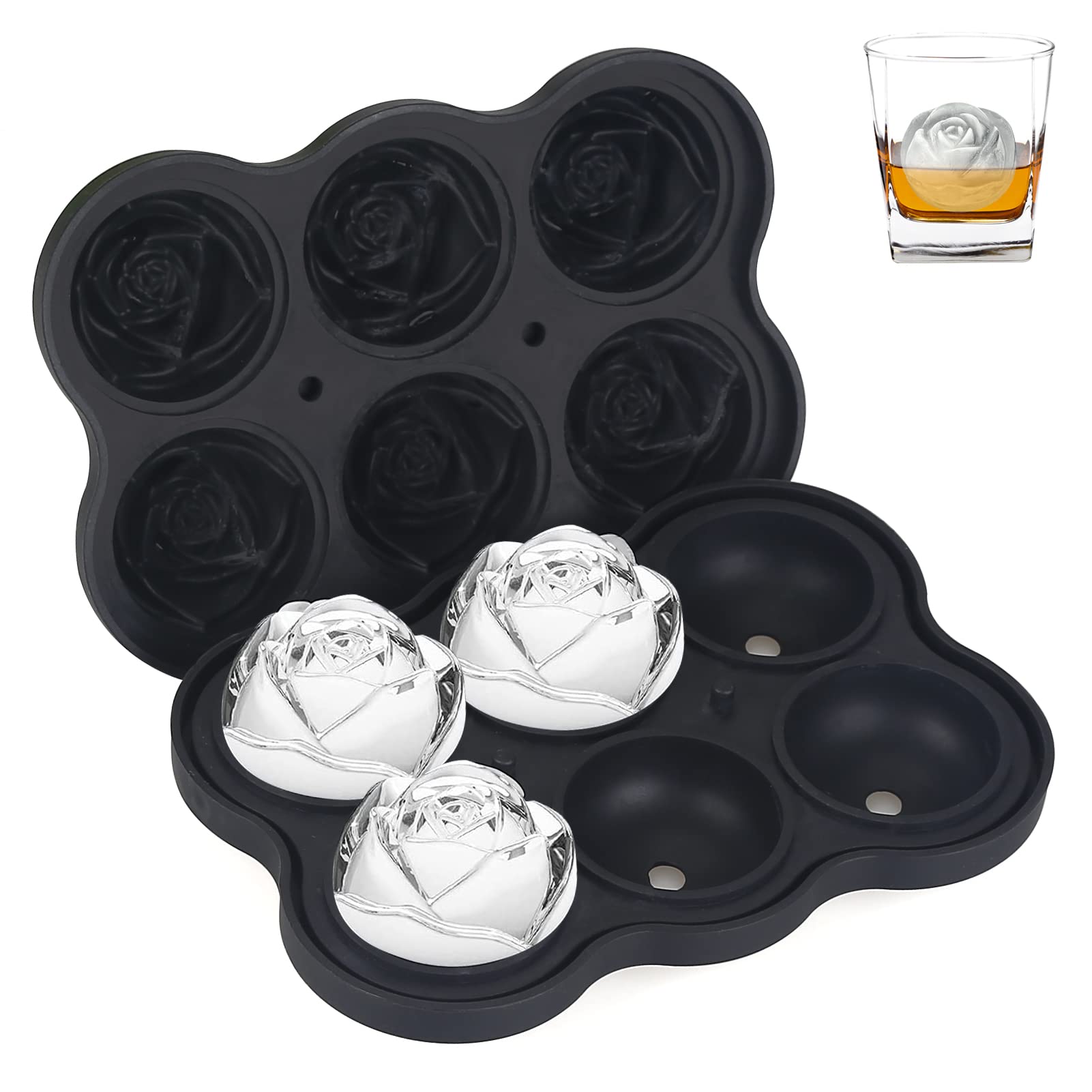 Ice Cube Molds Trays KANGRUI 6 Cavity Silicone Rose Ice Ball Maker Easy Release Large Ice Cube Form for Chilled Cocktails Whiskey Bourbon & Homemade Juice (Black)