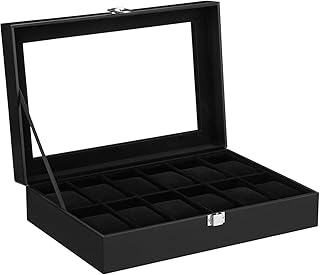 Songmics Neu Uhrenbox für 12 Uhren Uhrenkasten Schwarz Glas JWB12B