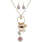 Firopia Christmas Neckalce Earrings Set for Women | Pink Xmas Tree Snowflake Snowball Snowman Bells Bow Neckalce Earrings Set | Holiday Xmas Party Jewelry Gift