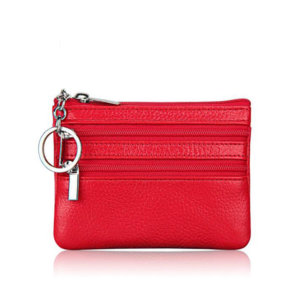 AprinCtempsD Ladies Genuine Leather Small Coin Purse with Zip Womens Mens Mini Wallet Pouch with Key Ring (Red)