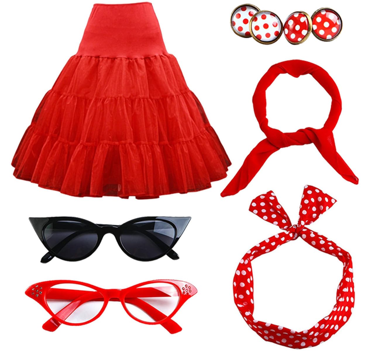 FAIRYRAIN 7 Pcs 1950's Women Halloween Costume Accessories Set,Retro Skirt Cat Eye Glasses Bandana Tie Headband Earrings