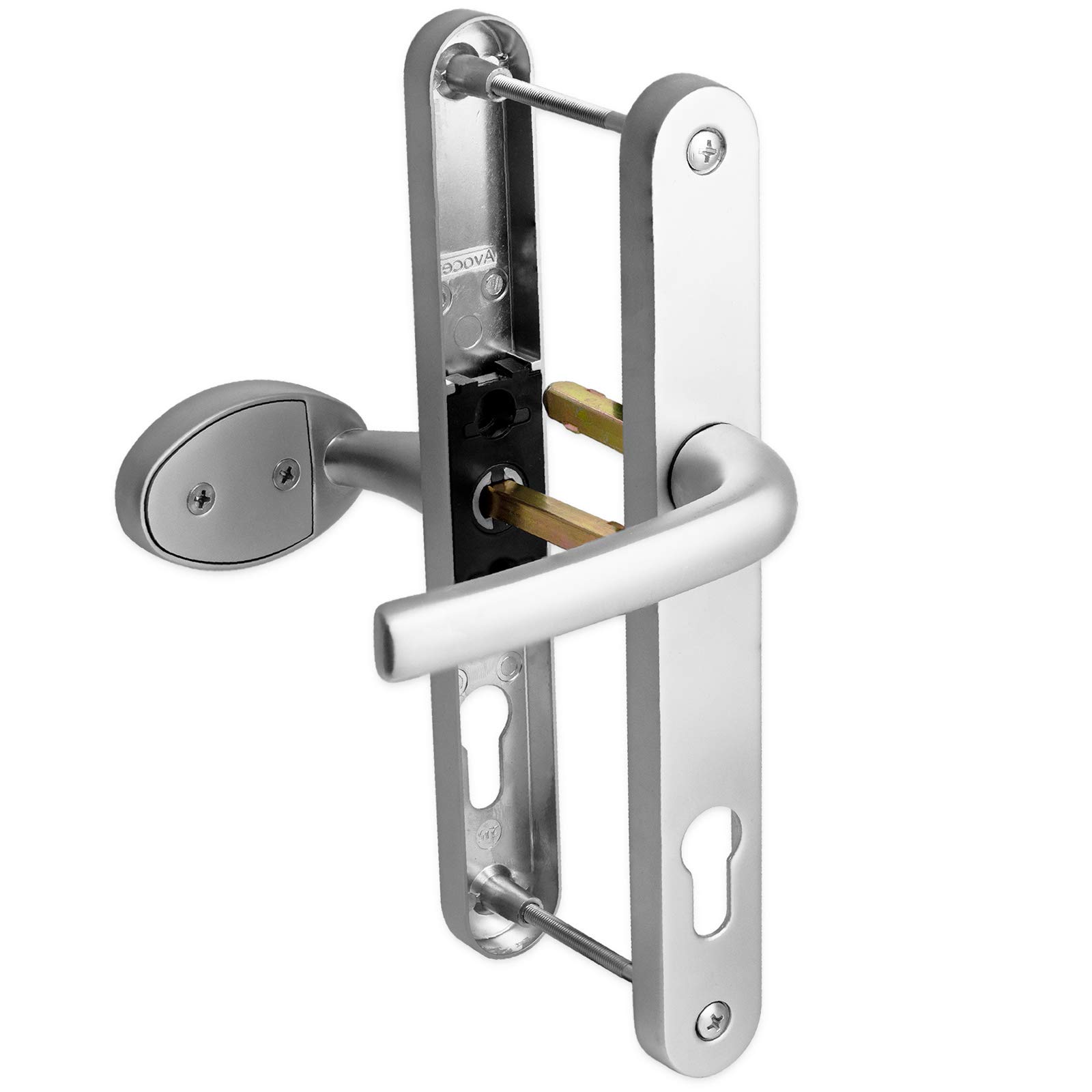 uPVC Door Handle 92mm 62mm Offset Lever Pad 210mm Fixings Sprung Pair Patio PVC Satin Silver