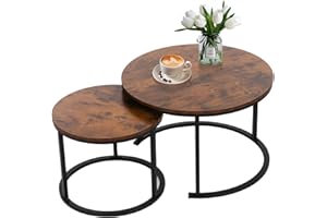 EUROSAKURA Round Nesting Coffee Set, Stackable Modern Accent Cocktail Table for Living Room Office Balcony,Nesting Tables 2 Piece with Solid Metal Frame and Easy Assembly (Brown)