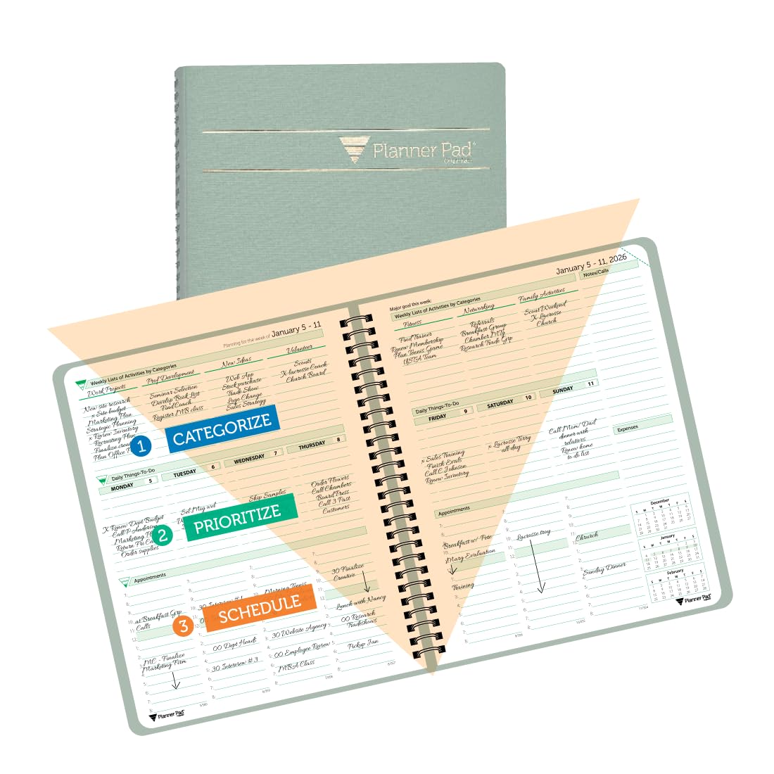 Planner Pad Spiral Bound January-December 2026/ Calendar Year 6 3/4" x 8 1/2" Medium 3-Tier Funnel Down 12 Month Organizer, Greenish Grey Cover/Soft Green Ink Image