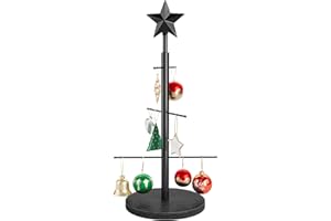 ELYKEN 22.8 Inch Christmas Ornament Display Stand Tree for Desktop with Wooden Stable Base, 6 Metal Holder for Baubles and Holiday Decorations, Black