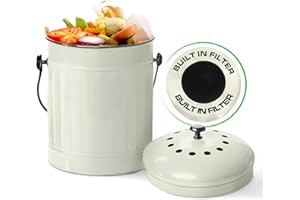Plexon Countertop Compost Bin with Lid, Off-White 1.5 Gallon Odorless Kitchen Compost Container, Steel Food Compost Bucket for Kitchen with Charcoal Filter, Compost Pail for Kitchen Countertop