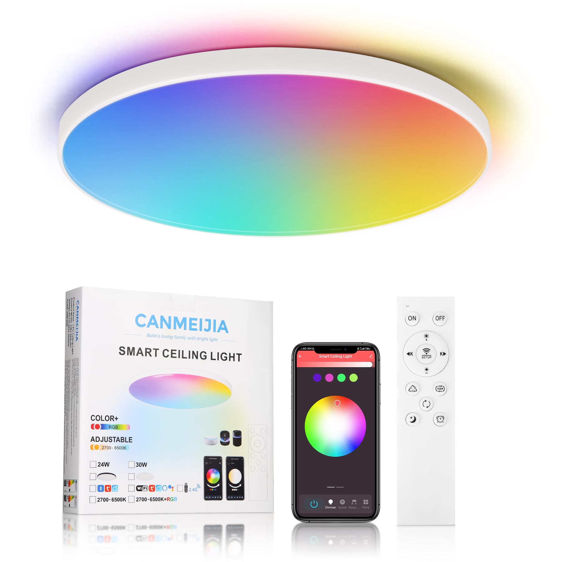 CHENBEN RGB LED Ceiling Light,24W 12-inch Round Bedroom Bedroom Ceiling Light with Remote Control,IP44 Waterproof Bathroom Lights Dimmable 3000-6500K Colour Changing LED Lights(Bluetooth Connection)