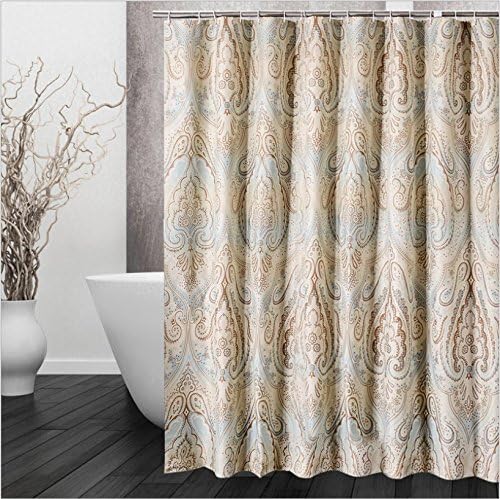 IMIEE Classic Paisley Design Fabric Shower Curtain Mildew Resistant Waterproof Antibacterial, Tan Colored Background, Dashes of Brown Cream Hints of Soft Blue,72x72 inch