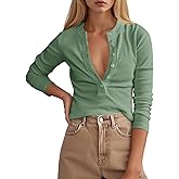 Tankaneo Womens Deep V Neck Tops Ribbed Knit Long Sleeve Henley T-Shirts Fall Slim Fit Going Out Tees