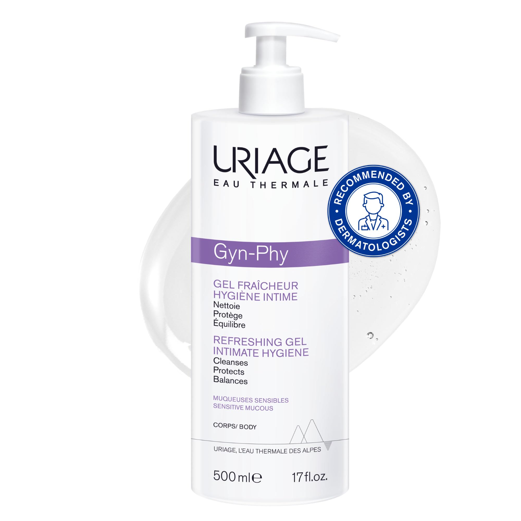 Uriage Gyn-Phy Refreshing Intimate Cleansing Gel 500ml - Cleanses and Preserves Natural Balance - Physiological pH and Glyco-Gyn Complex - Floral Fragance