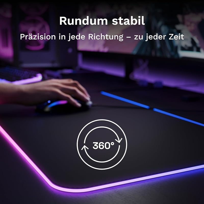 Gaming Musmatta GMP 2 GLED Large Extended – 2-Zones RGB-belysning, InfiniGlow sömlös Kant, Premium tygyta, Halkfri gummibas – 915 mm×280 mm×3 mm – extra stor skrivbordsmatta