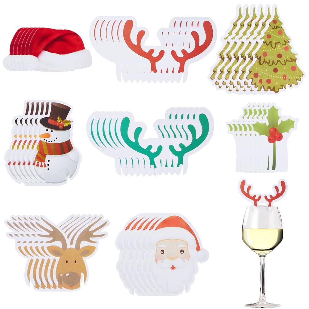 SUNNYCLUE 80Pcs Christmas Drink Tags Paper Wine Tags Wine Glass Charms Xmas Tree Santa Claus Wine Glass Identifiers Drink Marker Tags for Gathering Wedding Holiday Party Favor Drinks Decor Supplies